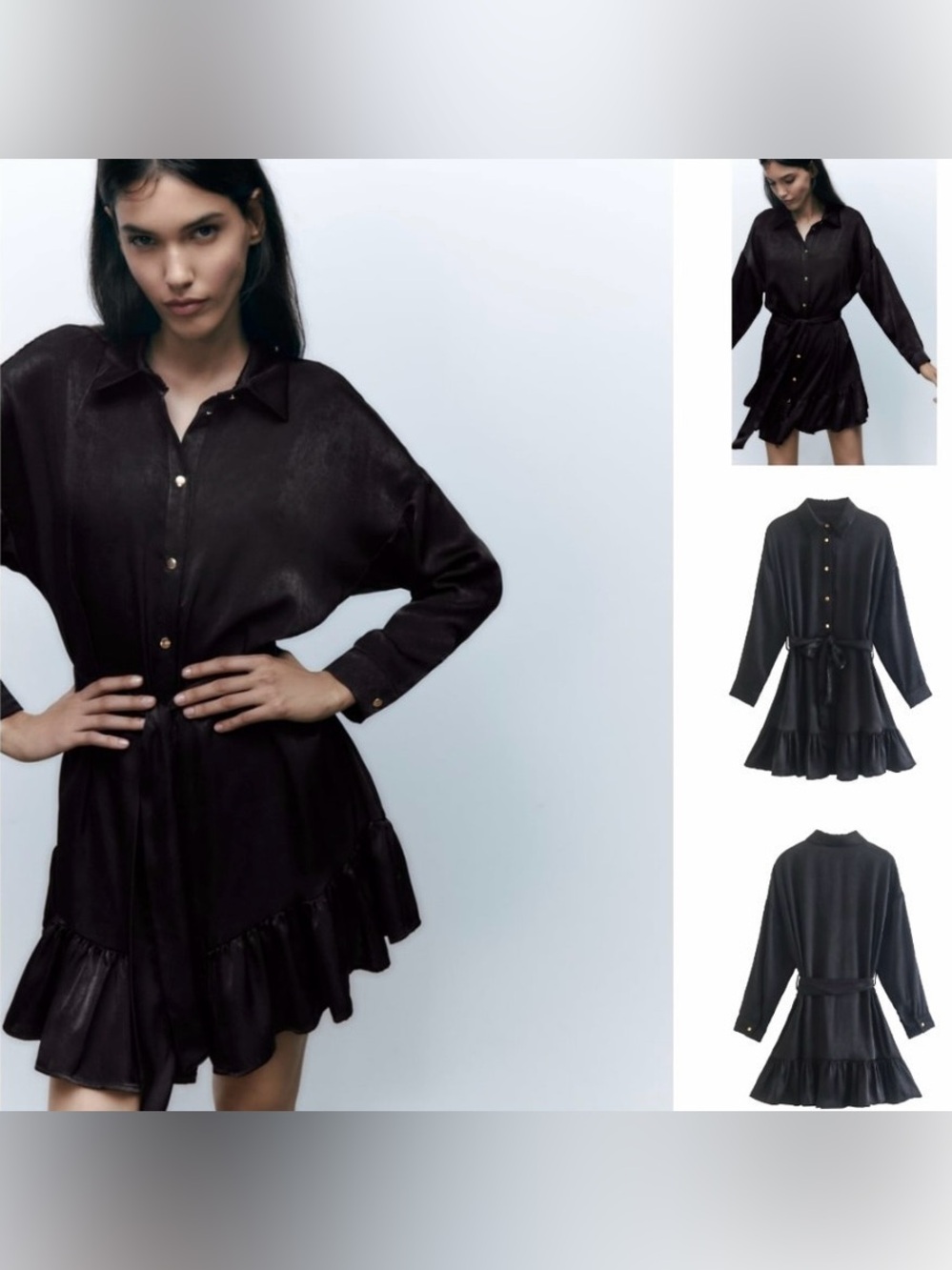 Zara Black Button-Front Ruffle Hem Shirt Dress